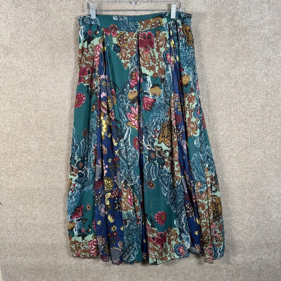 Vtg J. Peterman Skirt Womens 14 Green Floral Boho Paisley Pleated Midi Peasant - Picture 6 of 8